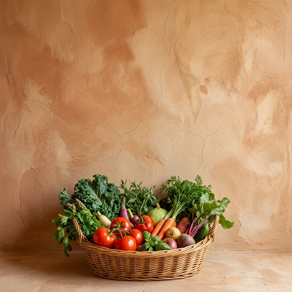 Basket of freshly picked produce against a hand-troweled adobe lime-wash wall