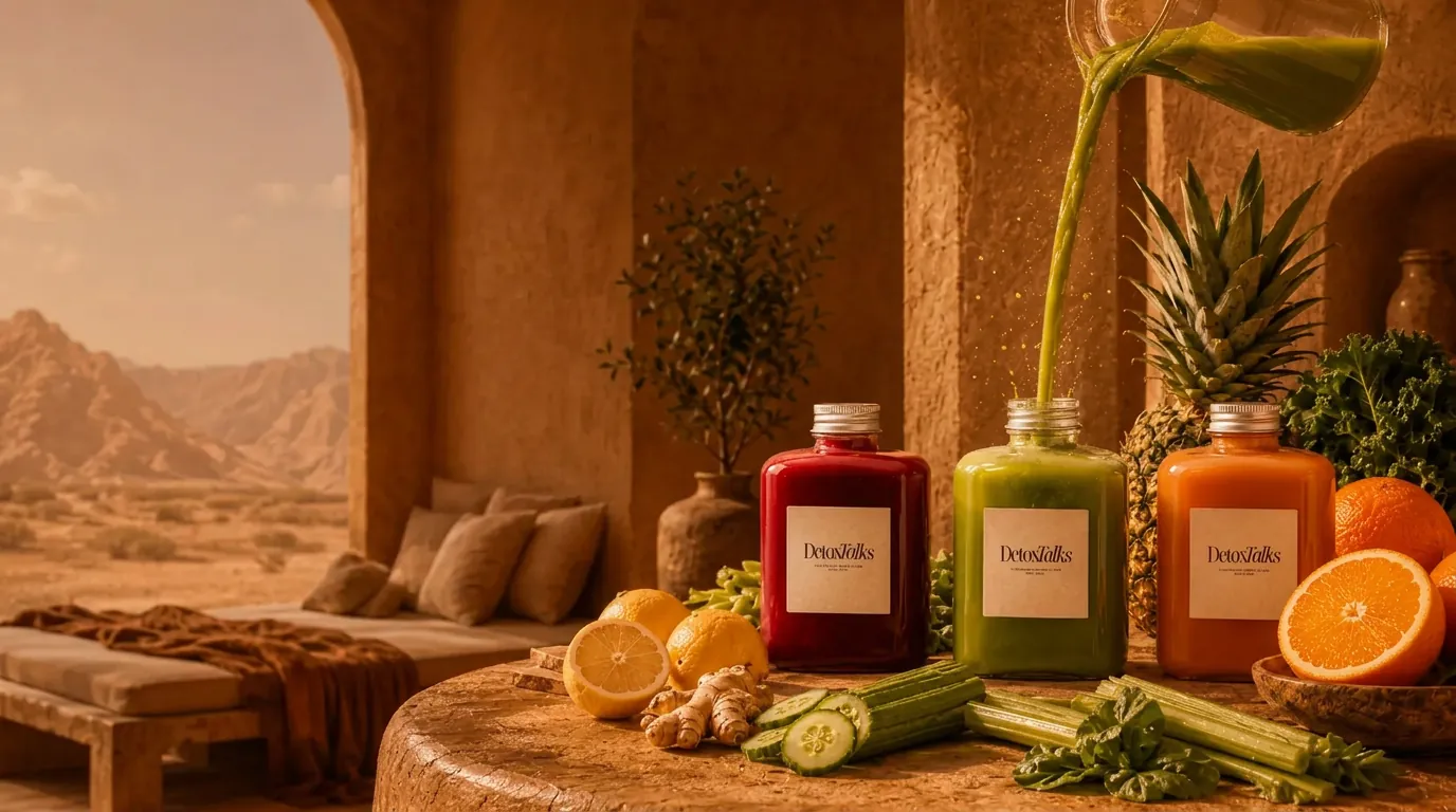 Fresh green juice pouring into a Detox Talks Club bottle on a clay table inside a warm adobe room