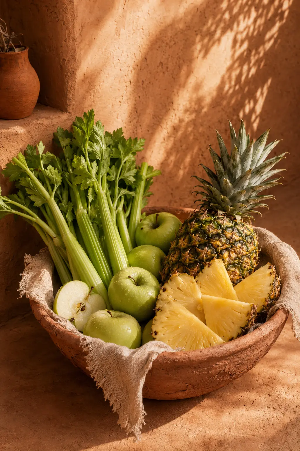 Fresh green apples, celery, and pineapple arranged in a handmade terracotta bowl
