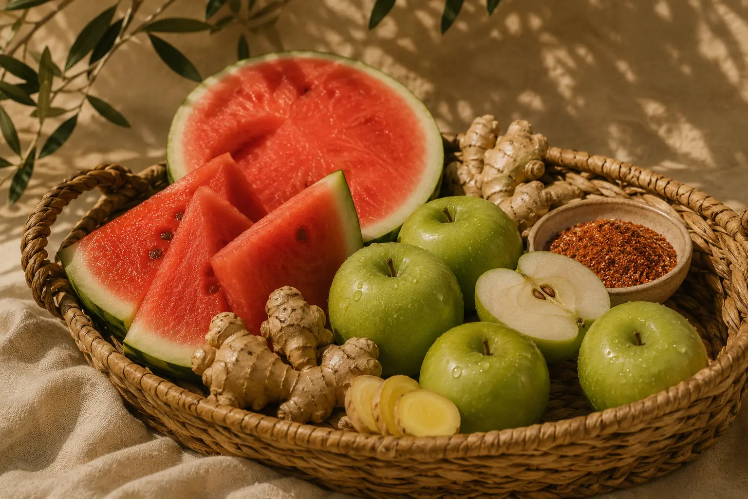 Basket of watermelon, green apples, ginger and chili in golden light