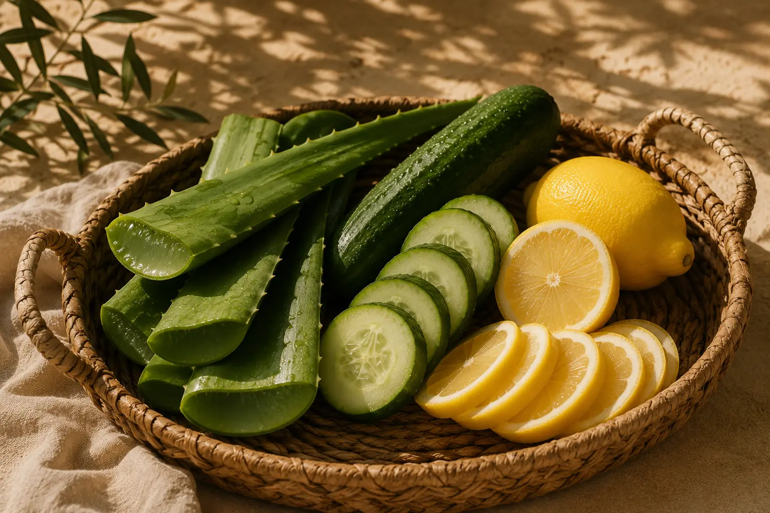 Aloe, cucumber, and lemon arranged in a woven basket on warm linen
