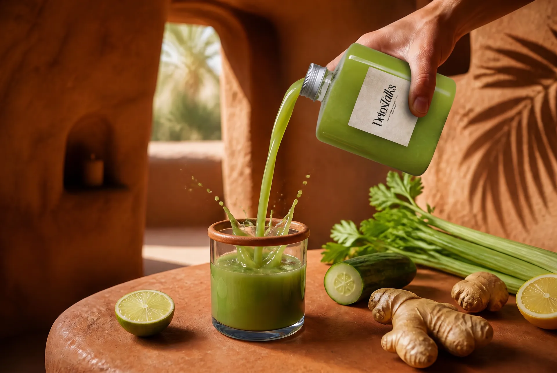 Green cold-pressed juice pouring into a clay-rimmed glass